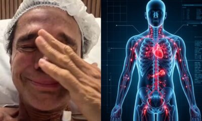 Homem chorando em cama de hospital; ilustração médica de corpo humano com pontos vermelhos de circulação