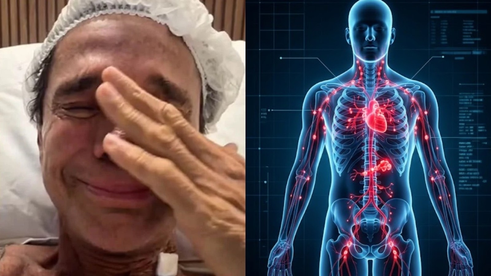 Homem chorando em cama de hospital; ilustração médica de corpo humano com pontos vermelhos de circulação