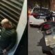 Homem careca olhando celular, moto com placa suja, viatura policial LTZ9CO e 'POLÍCIA CIVIL'