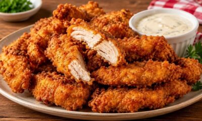 Prato com gurjão de frango frito dourado e crocante, molho cremoso e ervas
