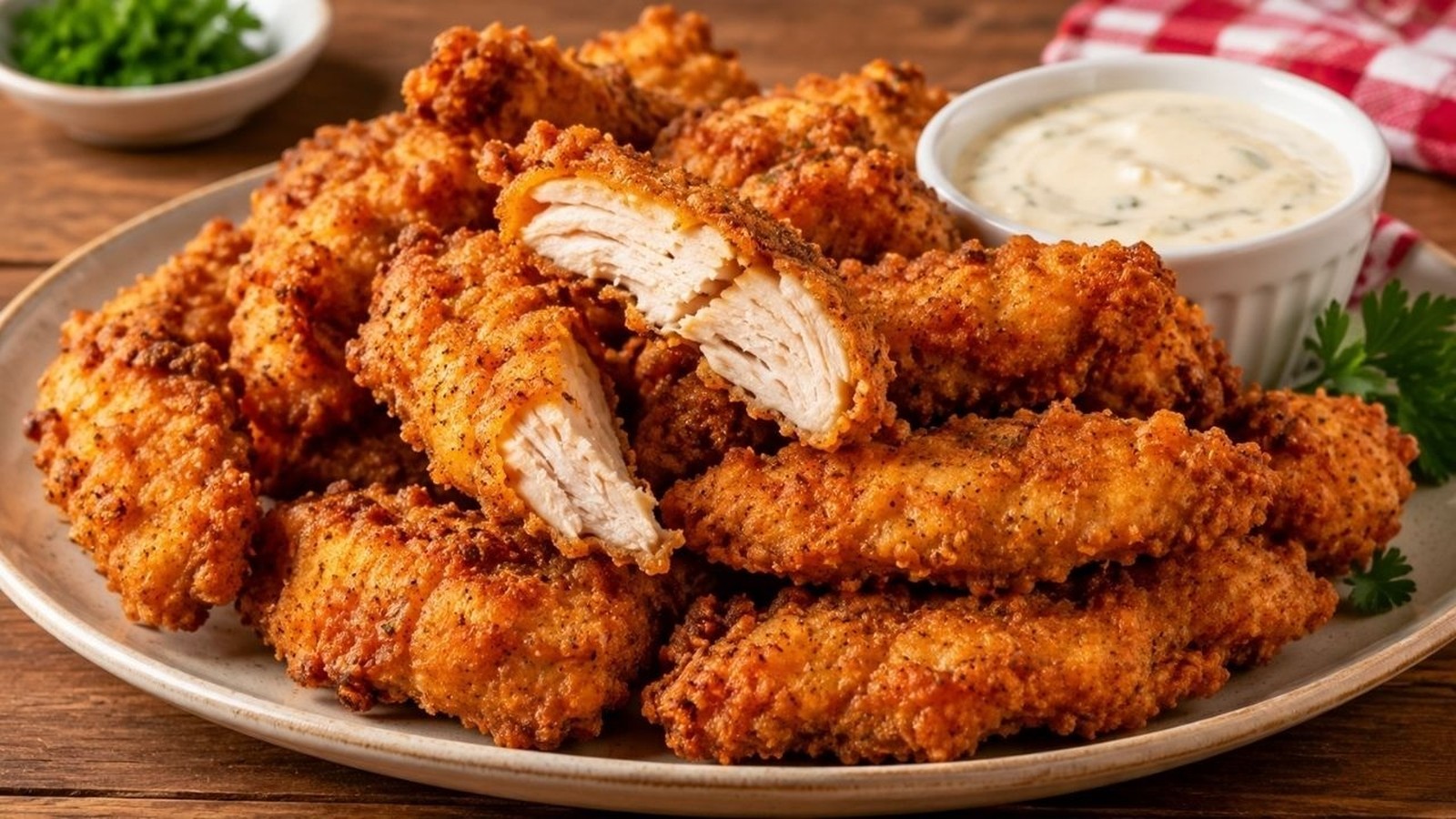 Prato com gurjão de frango frito dourado e crocante, molho cremoso e ervas