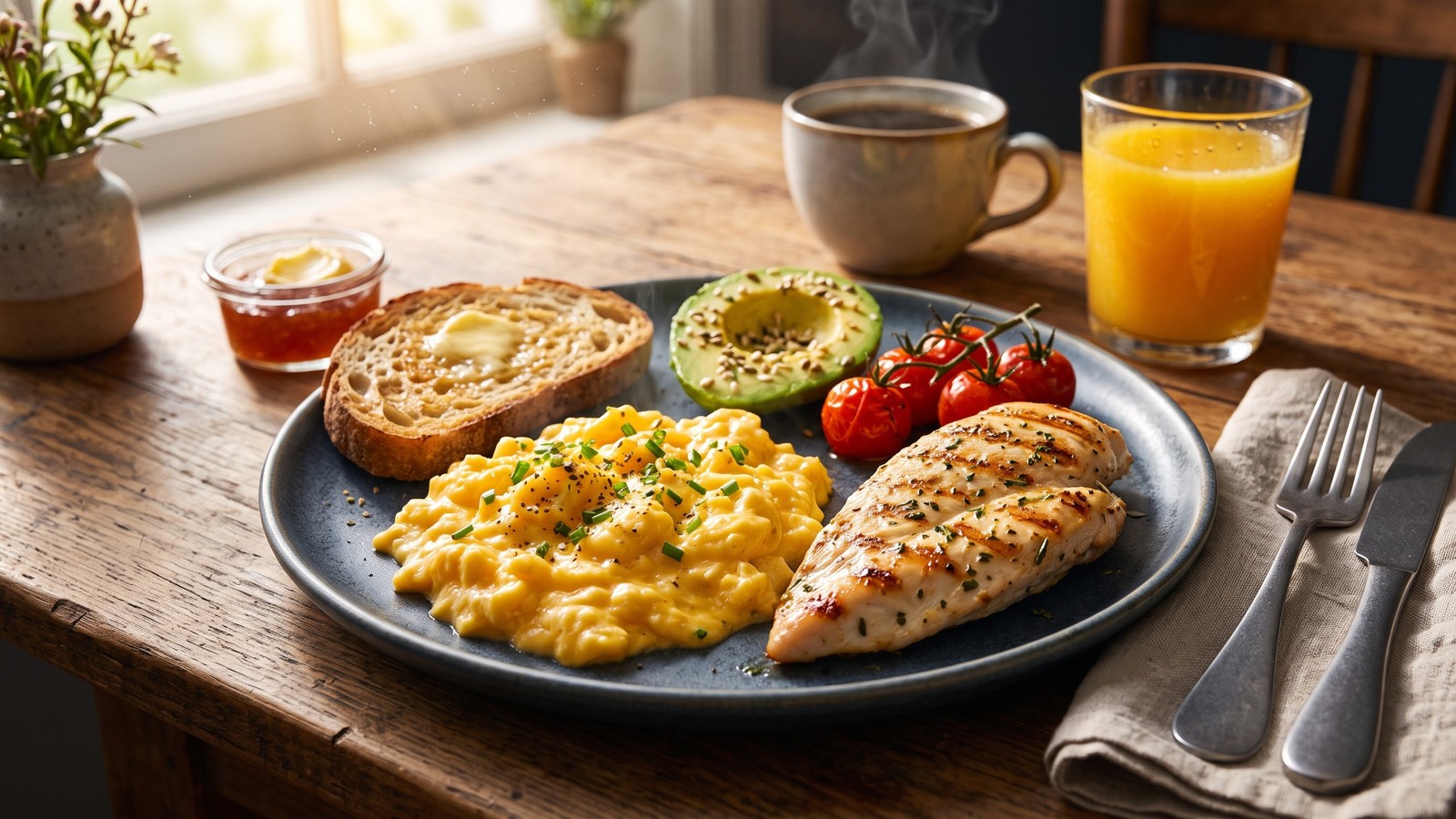 Prato de ovos mexidos, frango grelhado, abacate, tomate, torrada, geleia, café e suco