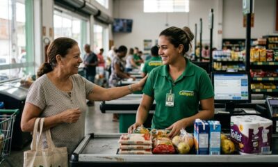 Caixa de supermercado e cliente idosa sorrindo, produtos no balcão, caixa com "Campeão", terminal e tela