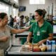 Caixa de supermercado e cliente idosa sorrindo, produtos no balcão, caixa com "Campeão", terminal e tela