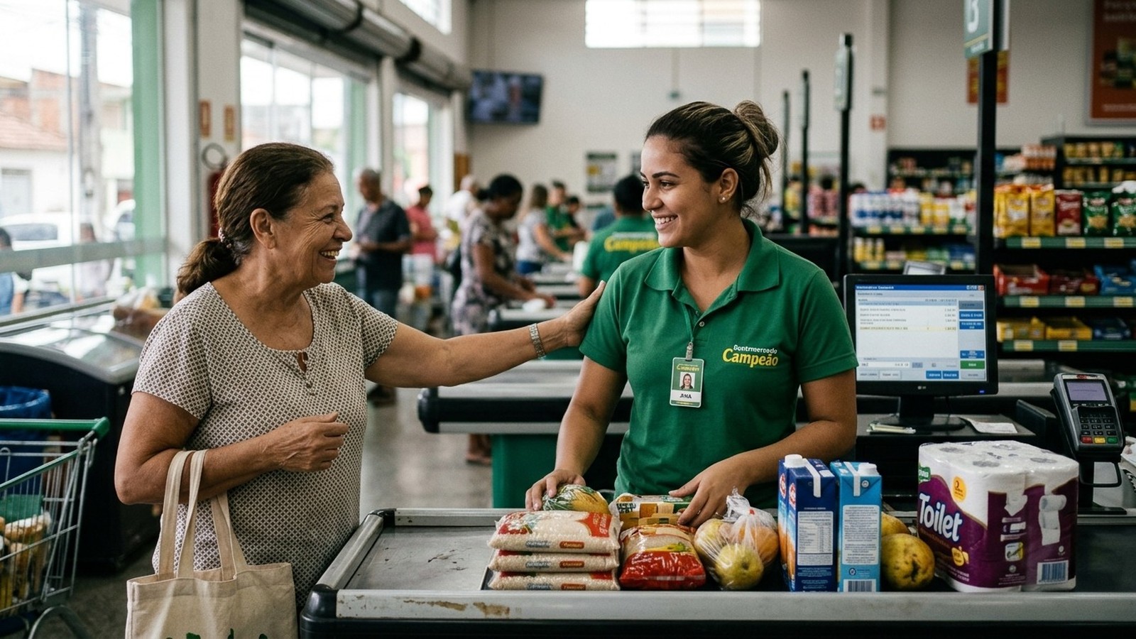 Caixa de supermercado e cliente idosa sorrindo, produtos no balcão, caixa com "Campeão", terminal e tela