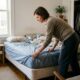 Mulher arruma a cama, puxando lençol azul em quarto com janela e mesa de cabeceira