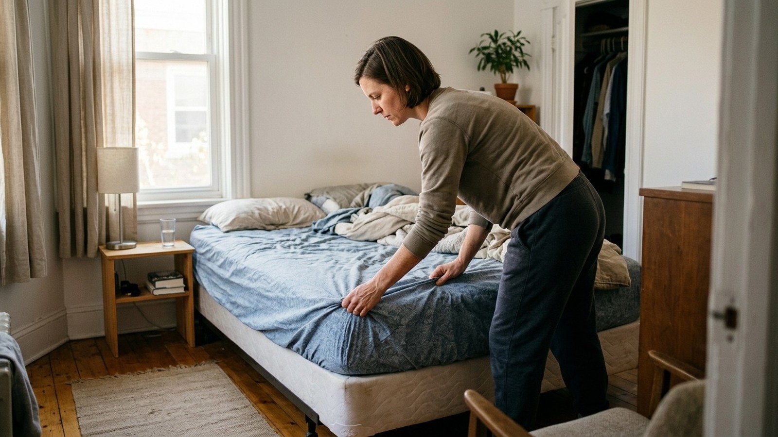 Mulher arruma a cama, puxando lençol azul em quarto com janela e mesa de cabeceira
