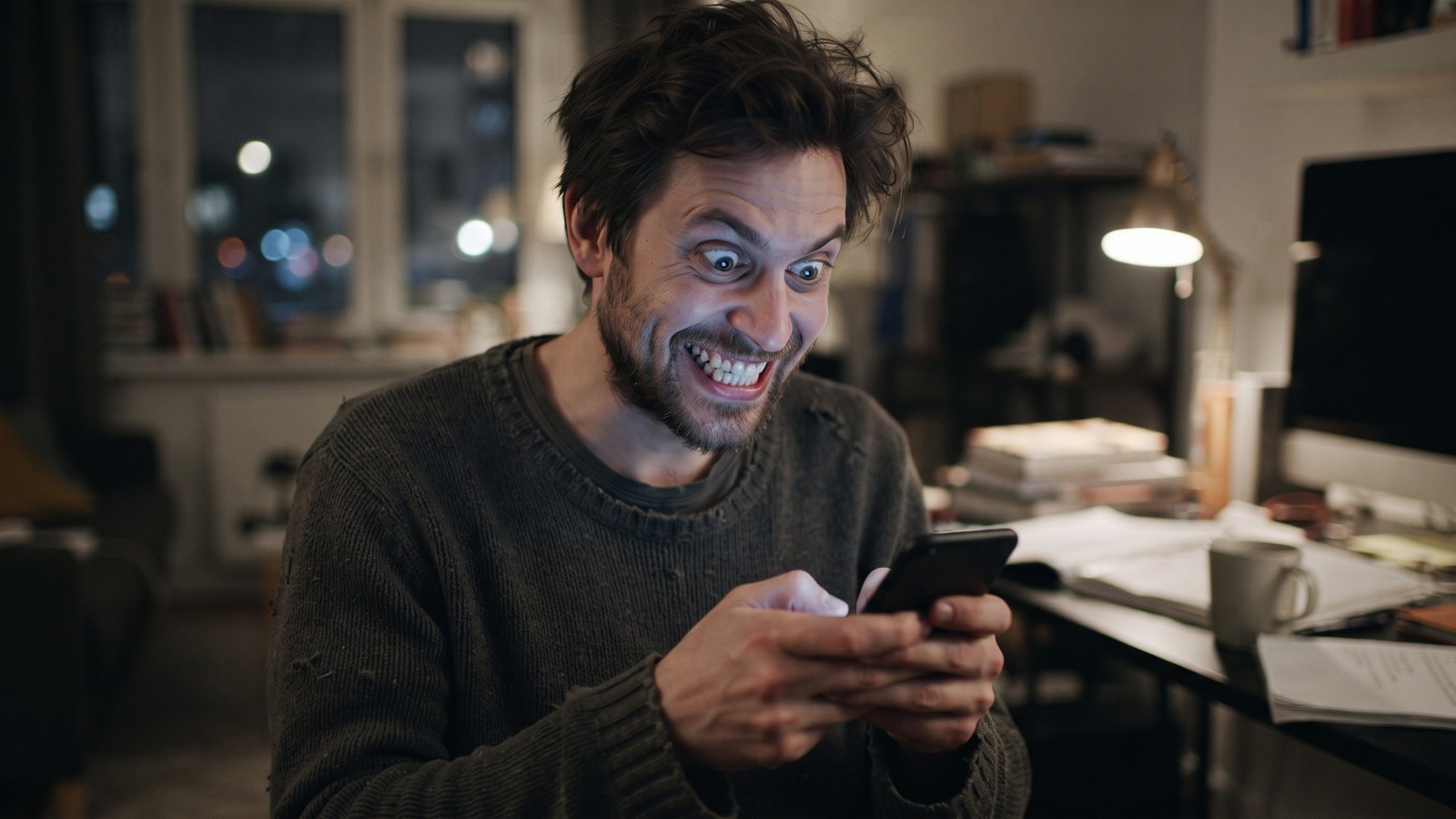 Homem barbudo com olhos arregalados e sorriso forçado olhando intensamente para um smartphone
