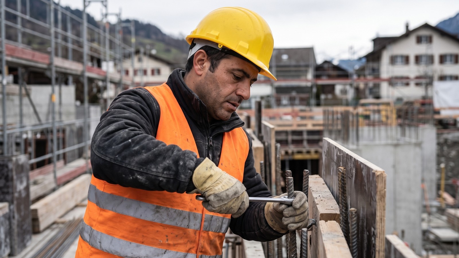 Homem trabalhador da construção civil, com capacete e colete, manipulando ferragens em canteiro de obras
