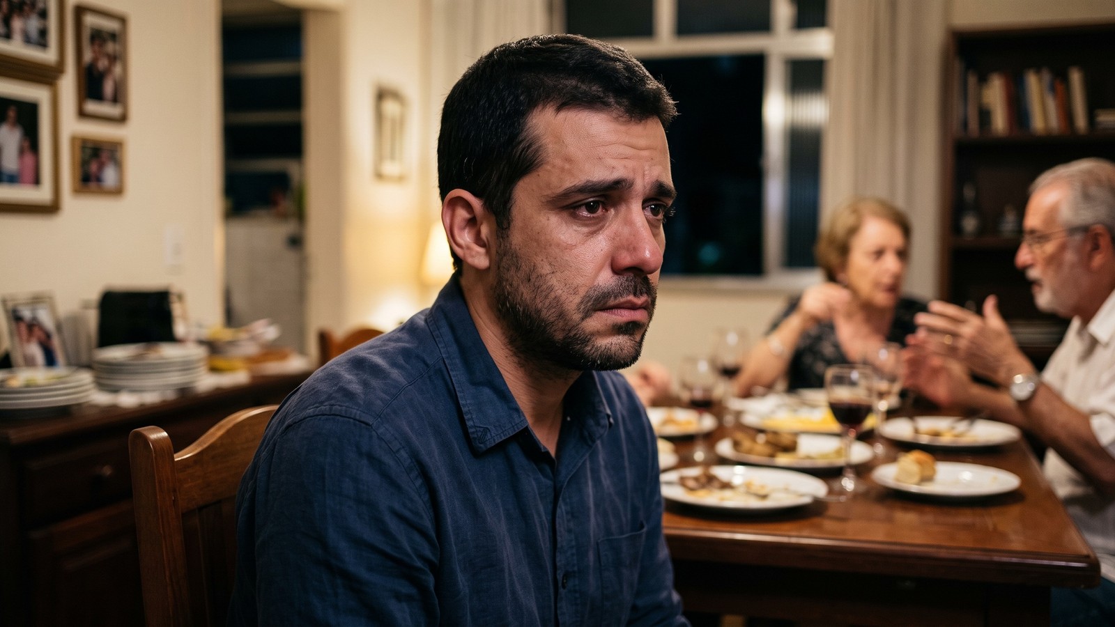 Homem com olhos marejados em jantar familiar, com pessoas desfocadas ao fundo