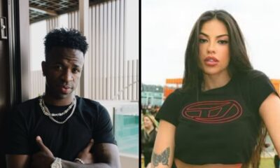 Homem e mulher em imagem dividida. Ele de preto e ela de cropped preto com logo DIESEL