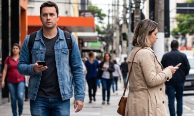 Homem sério com celular na mão e mulher olhando para o smartphone caminhando em rua movimentada