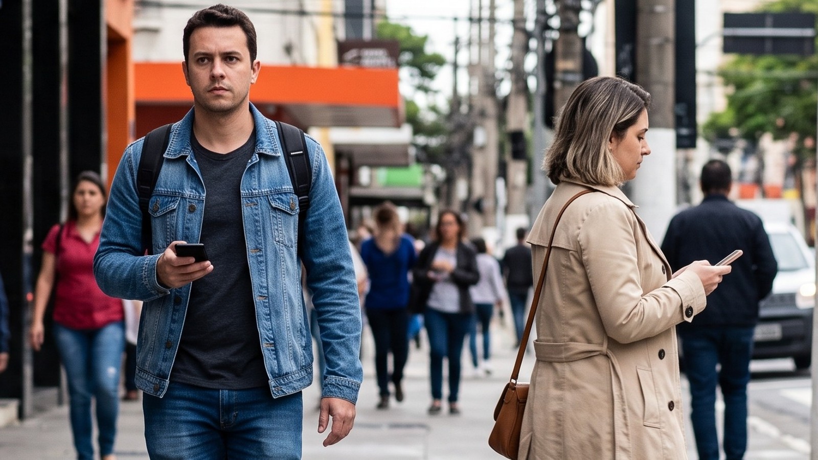 Homem sério com celular na mão e mulher olhando para o smartphone caminhando em rua movimentada