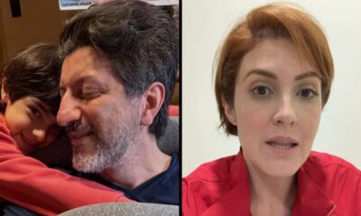 Imagem dividida. Lito Sousa abraçado com o filho. Mila Seidl fala para a câmera