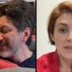 Imagem dividida. Lito Sousa abraçado com o filho. Mila Seidl fala para a câmera