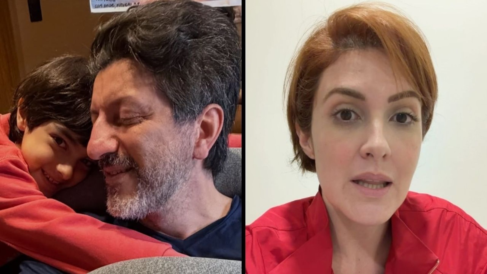 Imagem dividida. Lito Sousa abraçado com o filho. Mila Seidl fala para a câmera
