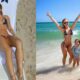 Virginia Fonseca na praia com dois filhos; um na espreguiçadeira, outro na água