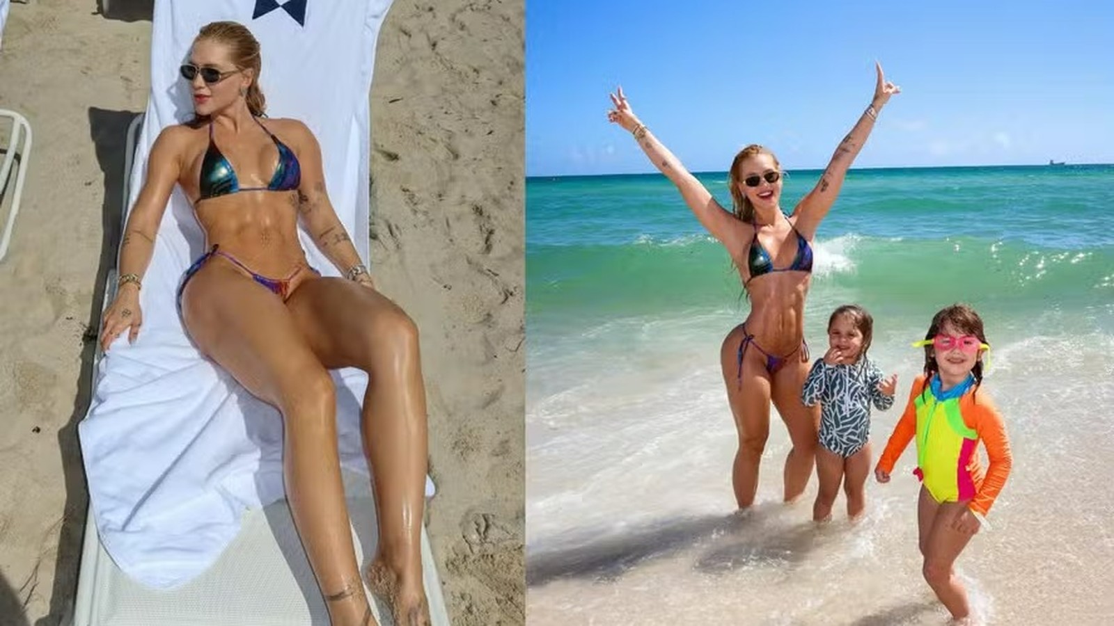 Virginia Fonseca na praia com dois filhos; um na espreguiçadeira, outro na água