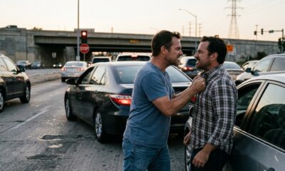 Dois homens zangados brigam no trânsito, um agarrando o colarinho do outro, carros parados