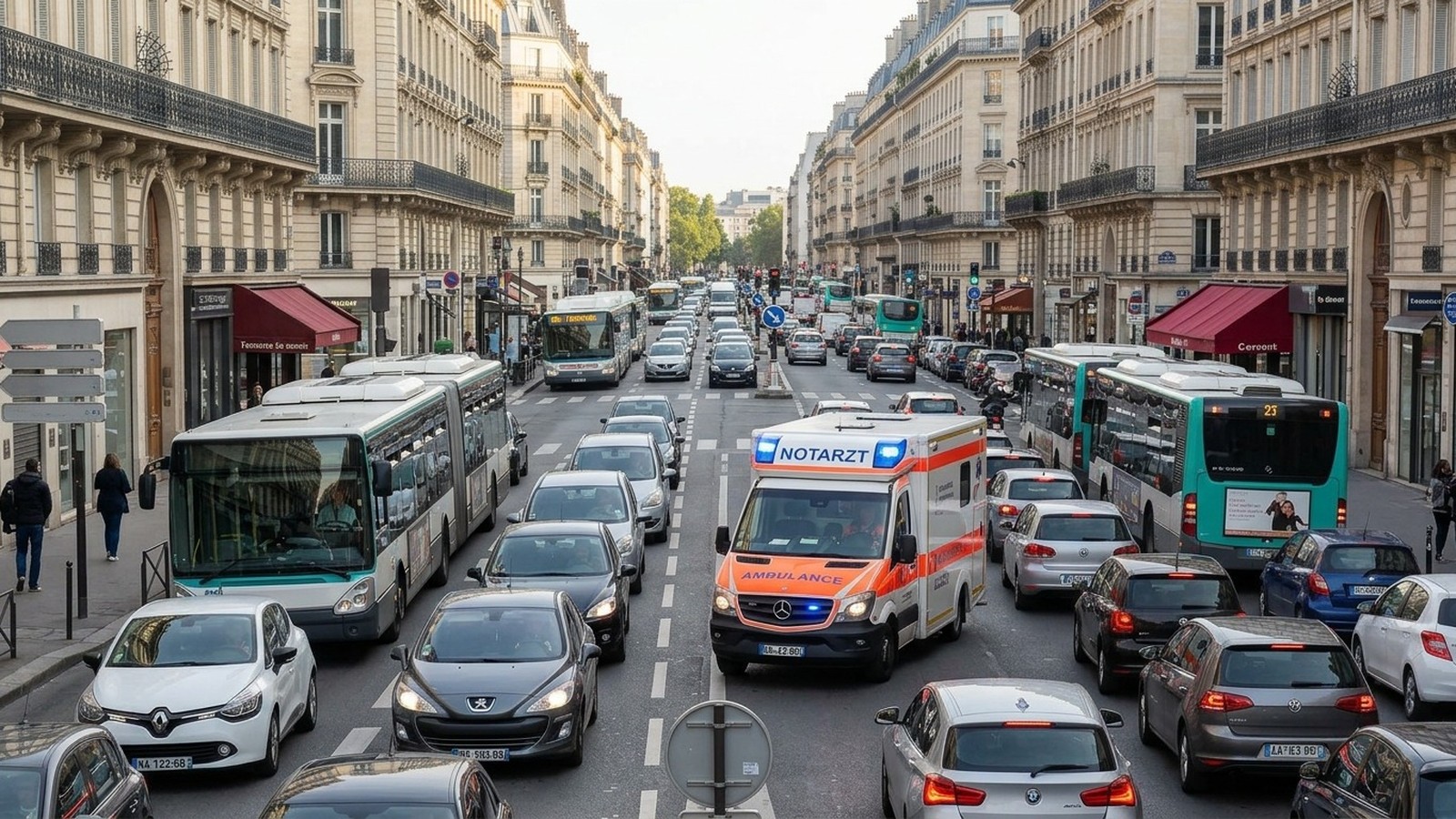 Ambulância branca com “NOTARZT” e luzes azuis em rua movimentada com carros e ônibus