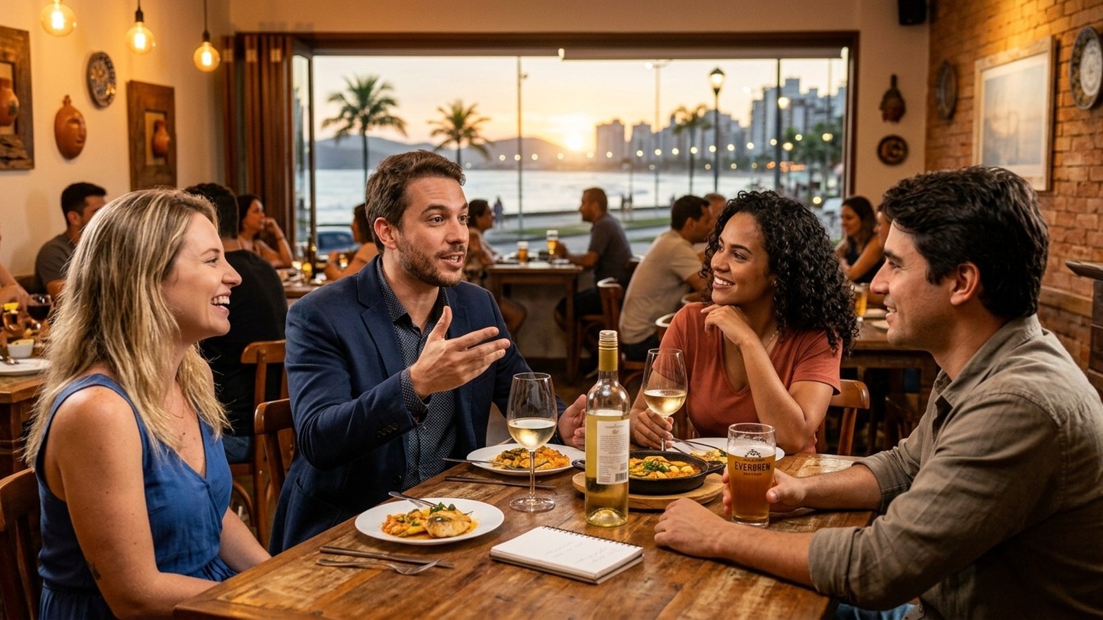 Quatro pessoas em restaurante conversando, com comida, vinho, cerveja Everbren e pôr do sol
