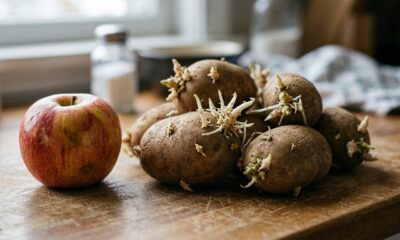 Maçã vermelha e batatas com brotos em uma tábua de madeira clara
