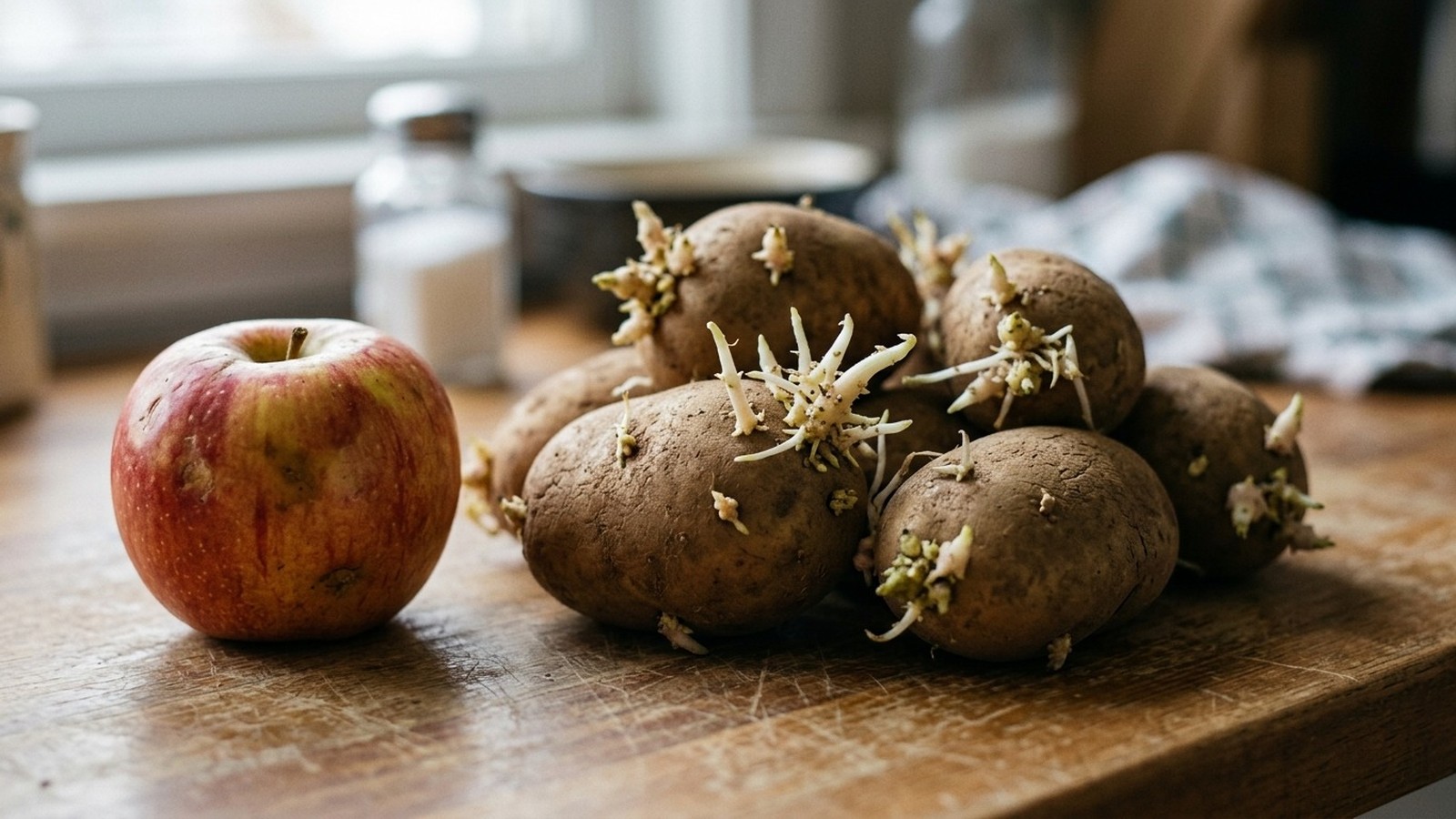 Maçã vermelha e batatas com brotos em uma tábua de madeira clara