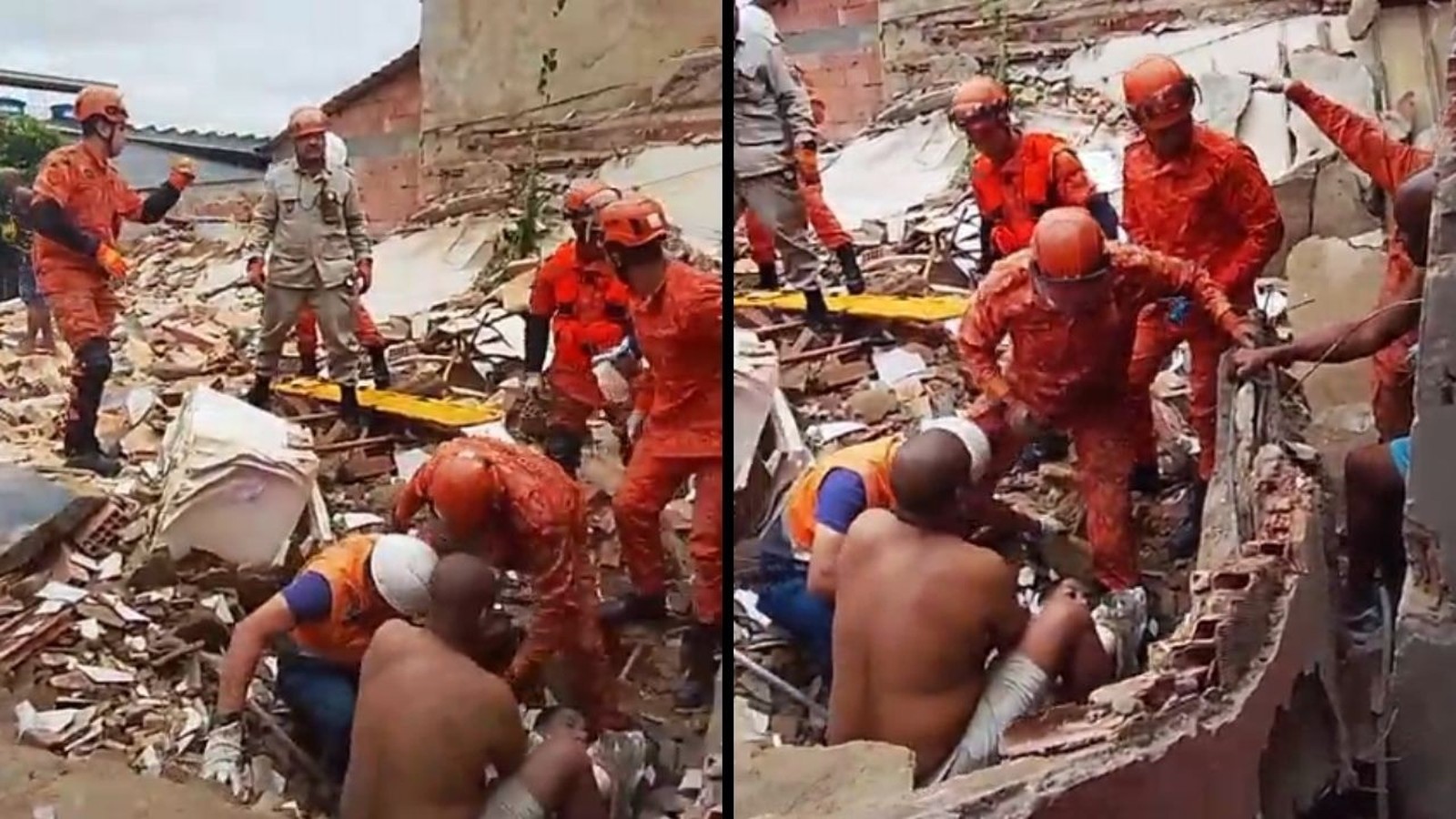 Bombeiros resgatam pessoas dos escombros de um prédio desabado, cercados por entulho e poeira