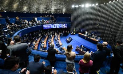 Vista aérea do plenário do Senado Federal, com diversos senadores em sessão de votação