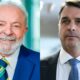 Luiz Inácio Lula da Silva sorrindo, e Flávio Bolsonaro, ambos de terno