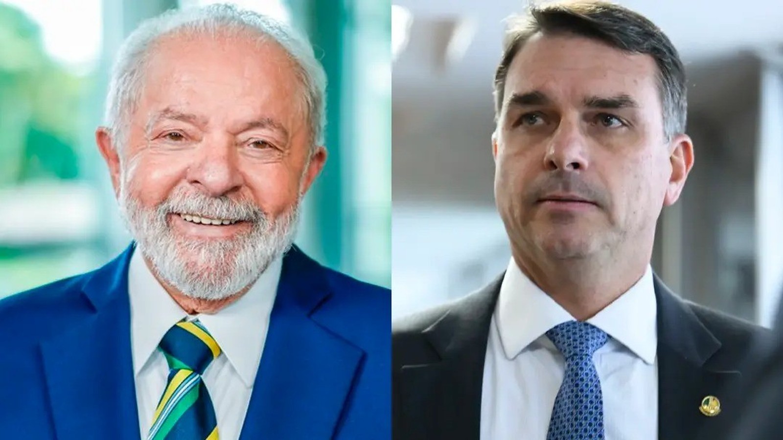 Luiz Inácio Lula da Silva sorrindo, e Flávio Bolsonaro, ambos de terno