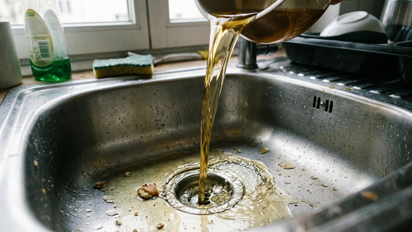 Líquido dourado escorrendo de uma panela para o ralo de uma pia de cozinha de aço inoxidável