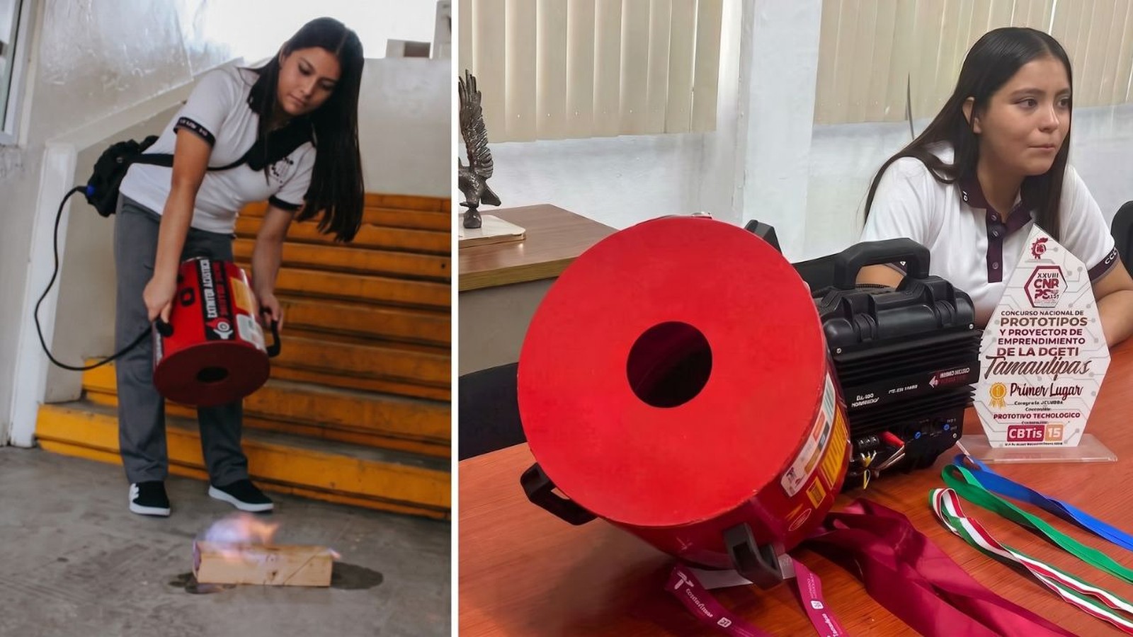 Jovem demonstra extintor acústico em fogo pequeno e exibe o aparelho com troféu 'Primer Lugar'