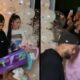 Imagem dividida de Gabigol e Rafaella Santos em festa, com balões e pessoas filmando.