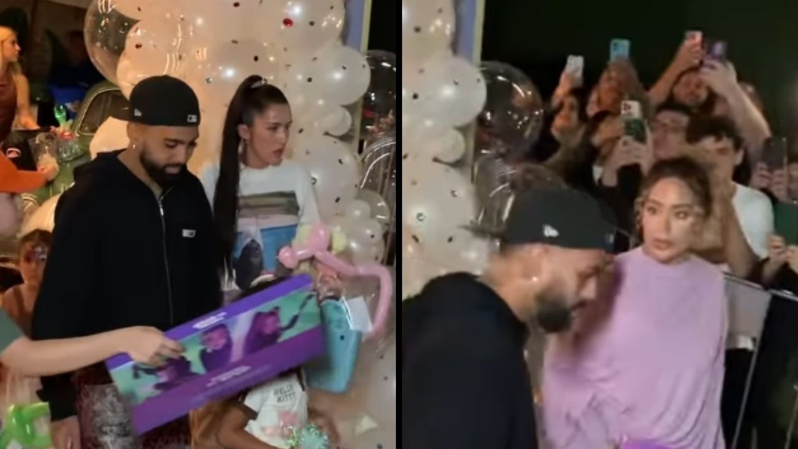Imagem dividida de Gabigol e Rafaella Santos em festa, com balões e pessoas filmando.