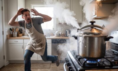 Homem assustado com panela de pressão jorrando vapor e espuma no fogão da cozinha. (Imagem ilustrativa de IA)