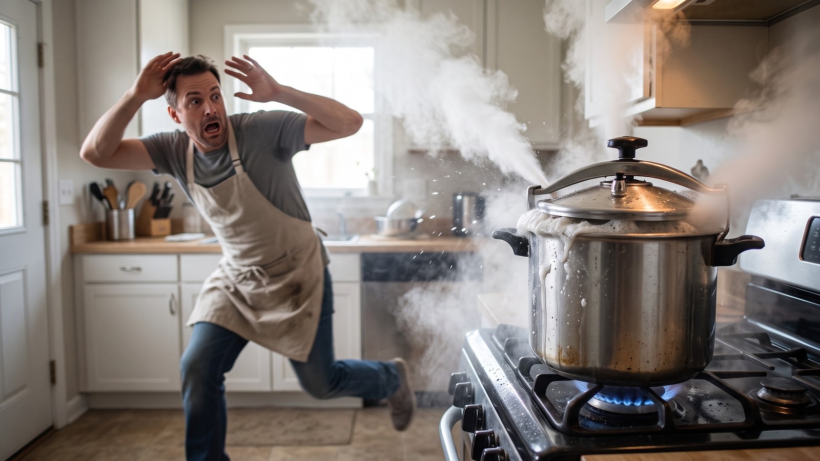 Homem assustado com panela de pressão jorrando vapor e espuma no fogão da cozinha. (Imagem ilustrativa de IA)