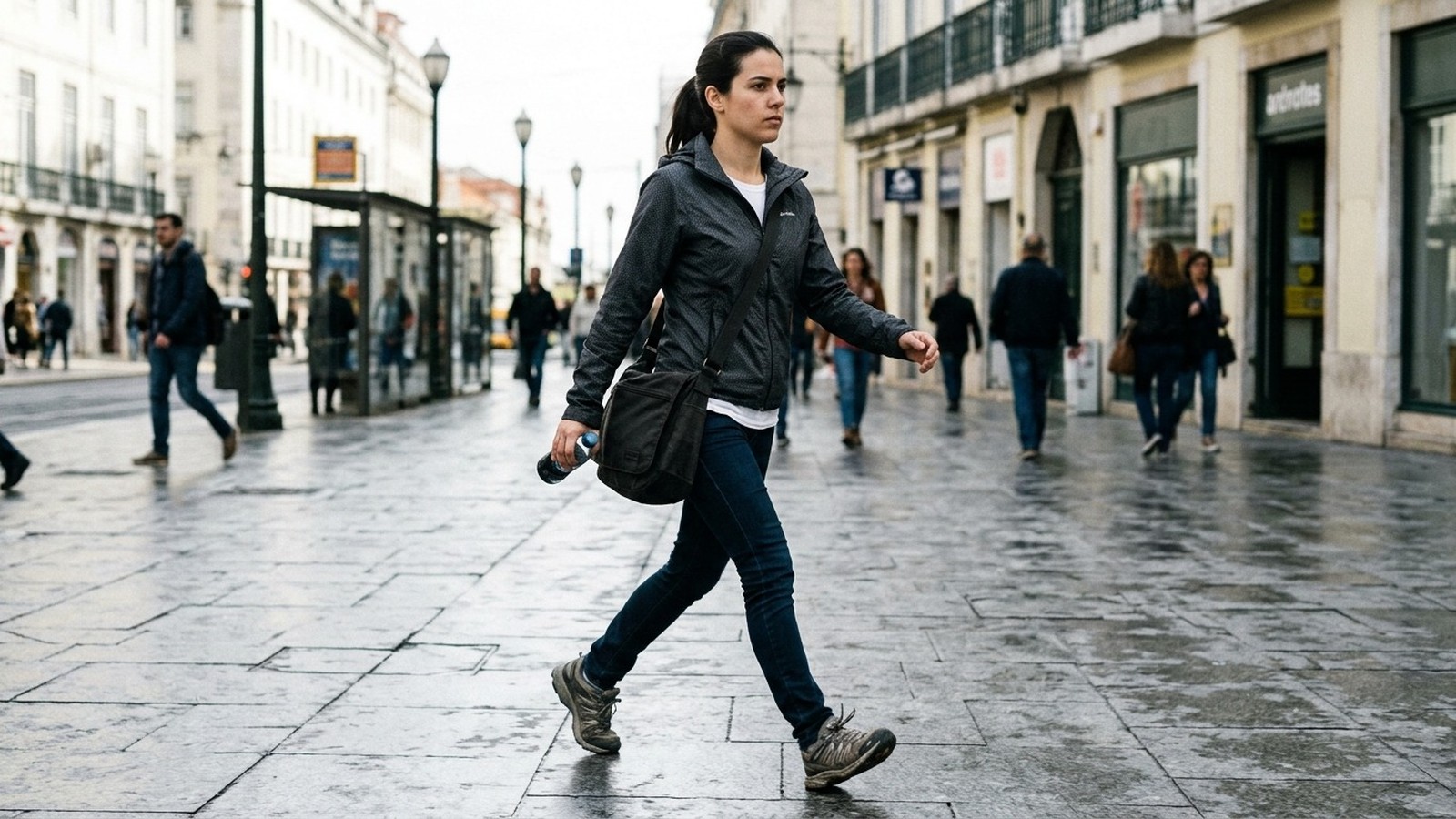 Mulher de jaqueta e jeans caminha em rua movimentada da cidade com garrafa d'água