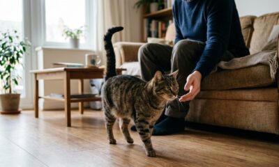 Um gato rajado caminha em direção à mão estendida de uma pessoa em piso de madeira na sala
