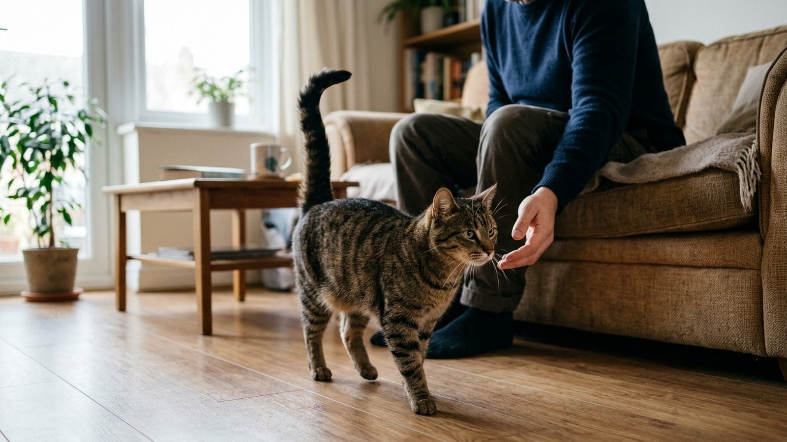 Um gato rajado caminha em direção à mão estendida de uma pessoa em piso de madeira na sala