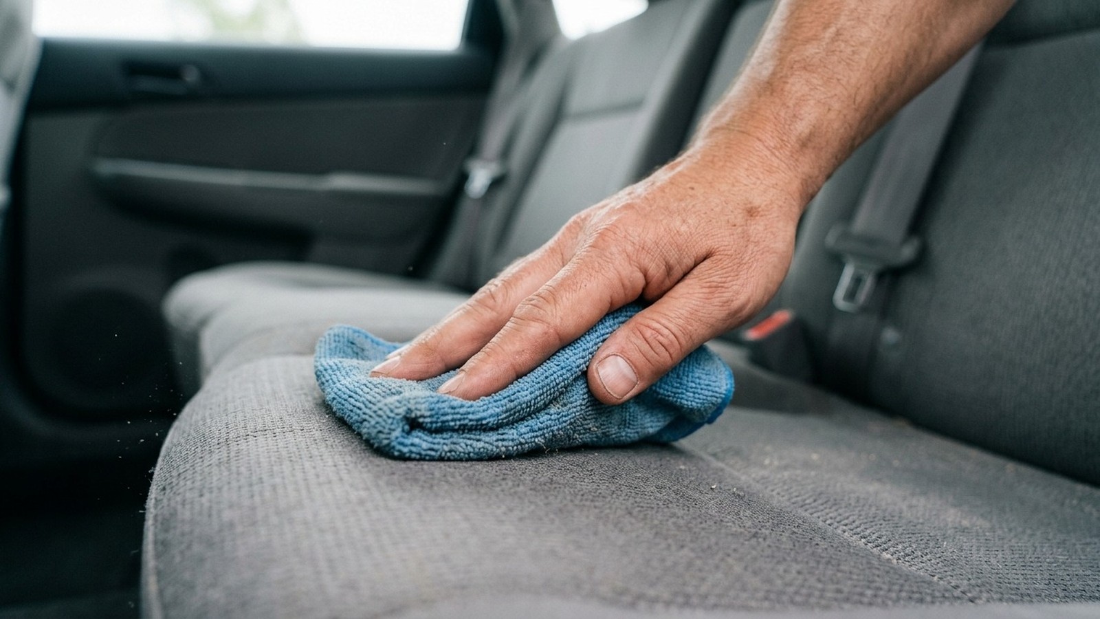 Mão de uma pessoa segurando pano de microfibra azul limpando assento cinza de carro