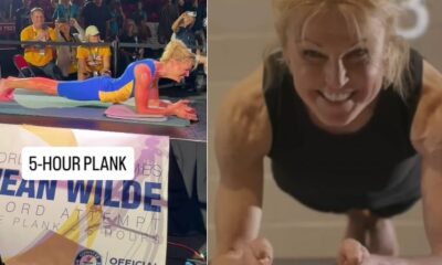 Mulher em prancha no palco e close-up sorrindo; banner "5-HOUR PLANK JEAN WILDE"