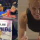 Mulher em prancha no palco e close-up sorrindo; banner "5-HOUR PLANK JEAN WILDE"