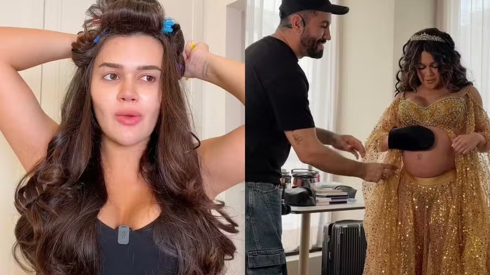 Franciny Ehlke de bobes no cabelo e grávida com maquiador aplicando produto na barriga