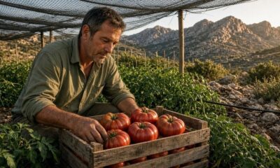 Homem em campo colhe tomates vermelhos grandes em caixa de madeira, com montanhas ao fundo.