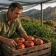 Homem em campo colhe tomates vermelhos grandes em caixa de madeira, com montanhas ao fundo.