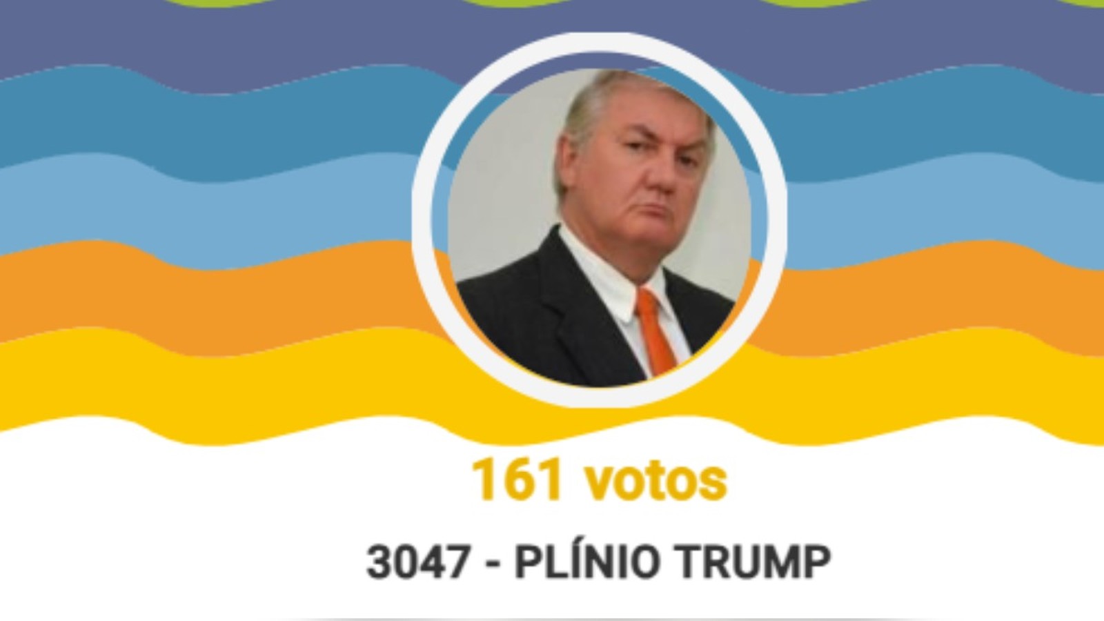 Homem em terno, gravata laranja, com texto "161 votos" e "3047 - PLÍNIO TRUMP"