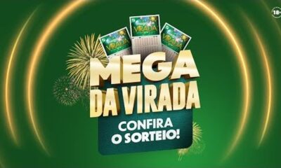 Logo dourado Mega da Virada, bilhetes de loteria, fogos e texto "CONFIRA O SORTEIO!", 18+