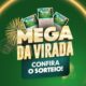 Logo dourado Mega da Virada, bilhetes de loteria, fogos e texto "CONFIRA O SORTEIO!", 18+