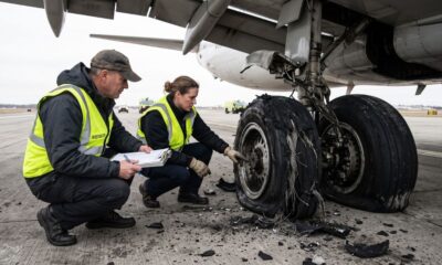 Dois investigadores examinam pneus estourados de avião no asfalto, um com colete "INVESTIGATOR" visível